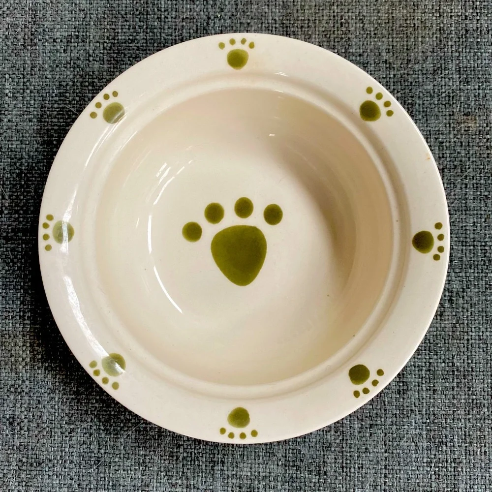 🌺4 Items 25$🌺 Cat Dish w Paw Prints - Cream & Green - Ceramic